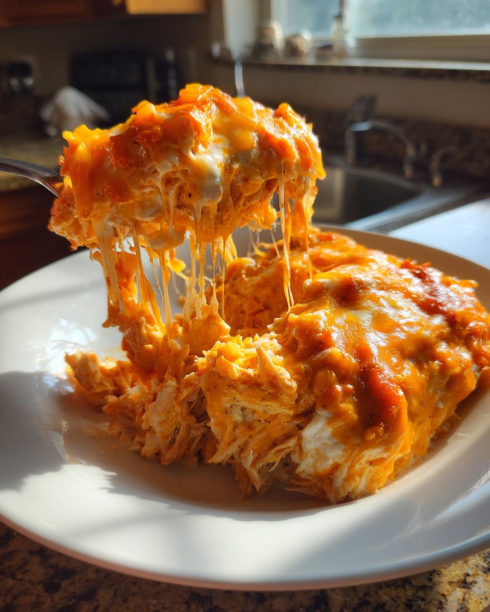 A spoonful of hot Buffalo chicken dip showing extreme cheese pull, served on a white plate.