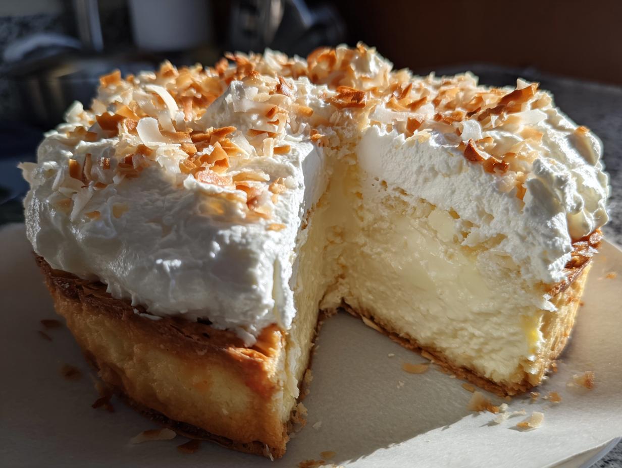 A close-up of a slice cut from an amazing Coconut Cream Pie, showing thick filling and whipped cream topped with toasted coconut.