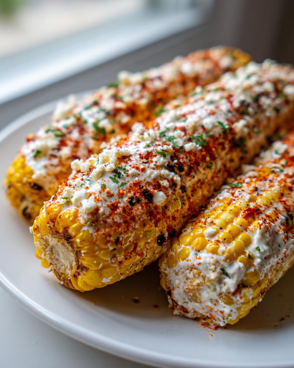 Three ears of grilled Elote street corn covered in creamy sauce, crumbled cheese, chili powder, and cilantro.