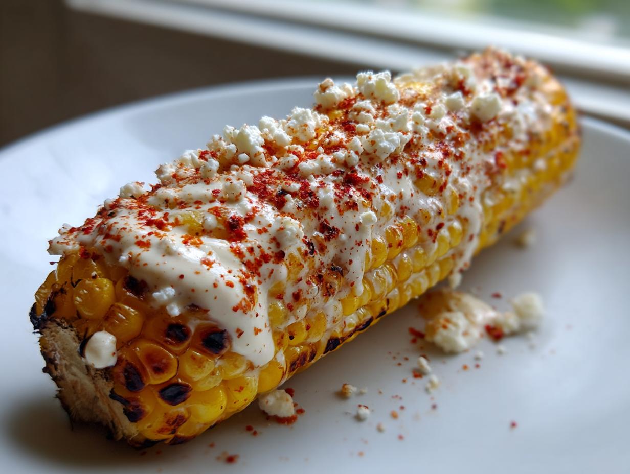 A close-up photo of grilled Elote street corn covered in creamy sauce, cotija cheese, and chili powder on a white plate.