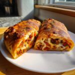 Two halves of a golden-brown Garbage bread recipe roll, sliced open to show a hearty filling of meat, cheese, and vegetables.