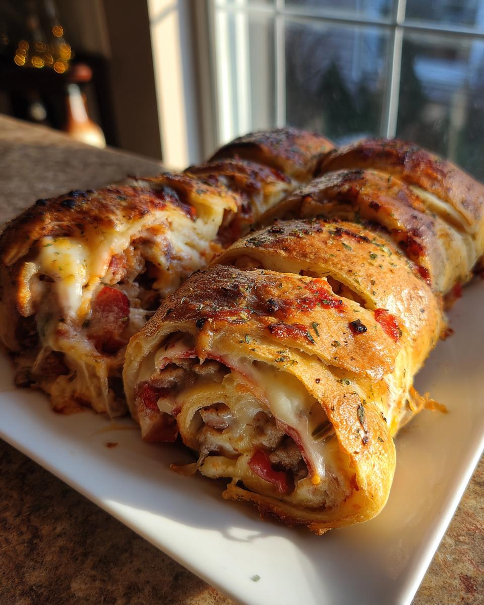 Close-up of a sliced, golden-brown Garbage bread recipe roll showing melted cheese and fillings.