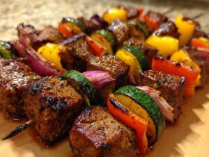 Close-up of perfectly charred and glazed grilled lamb kabobs threaded with zucchini, red onion, and bell peppers.