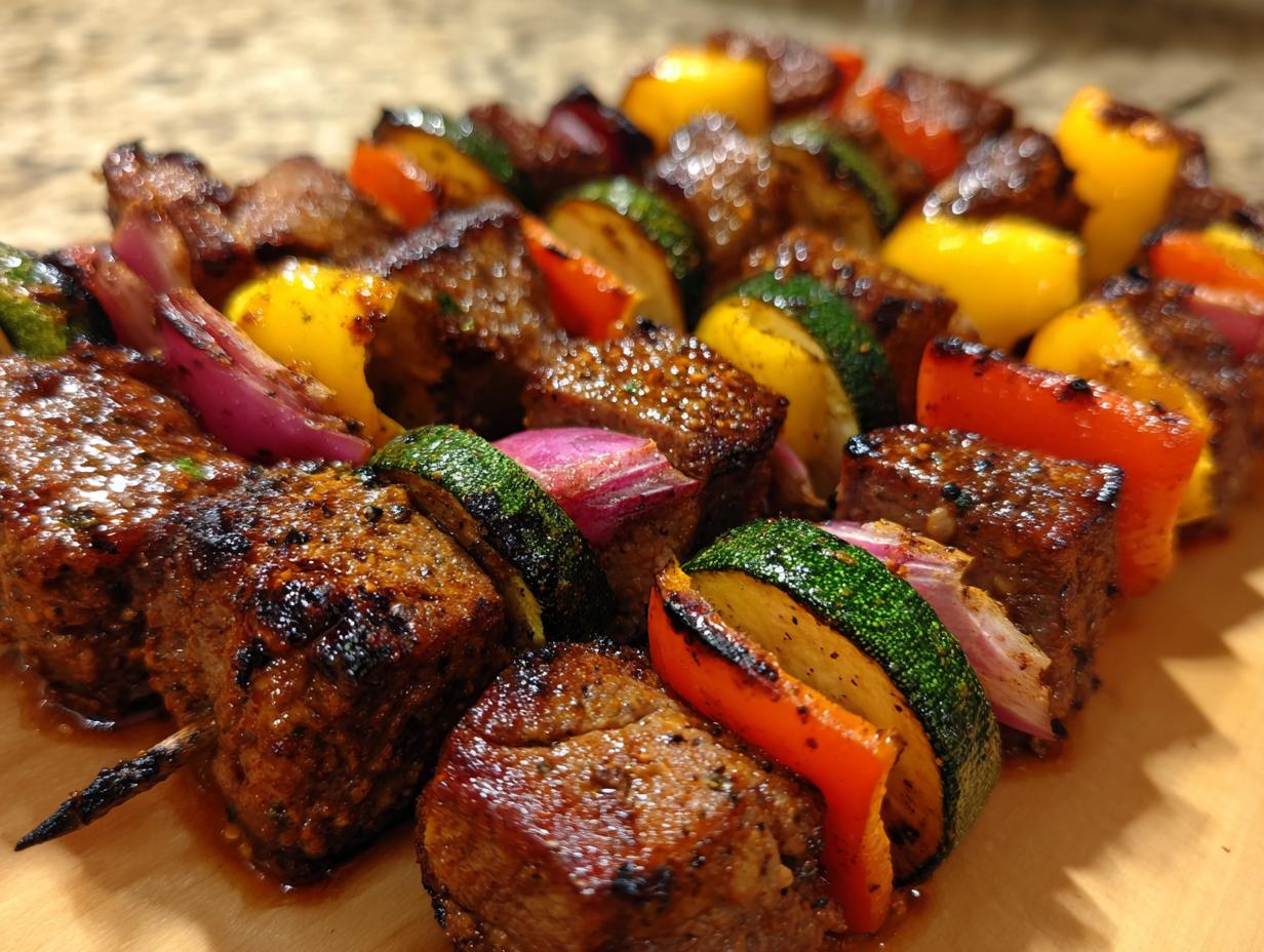 Close-up of perfectly charred and glazed grilled lamb kabobs threaded with zucchini, red onion, and bell peppers.