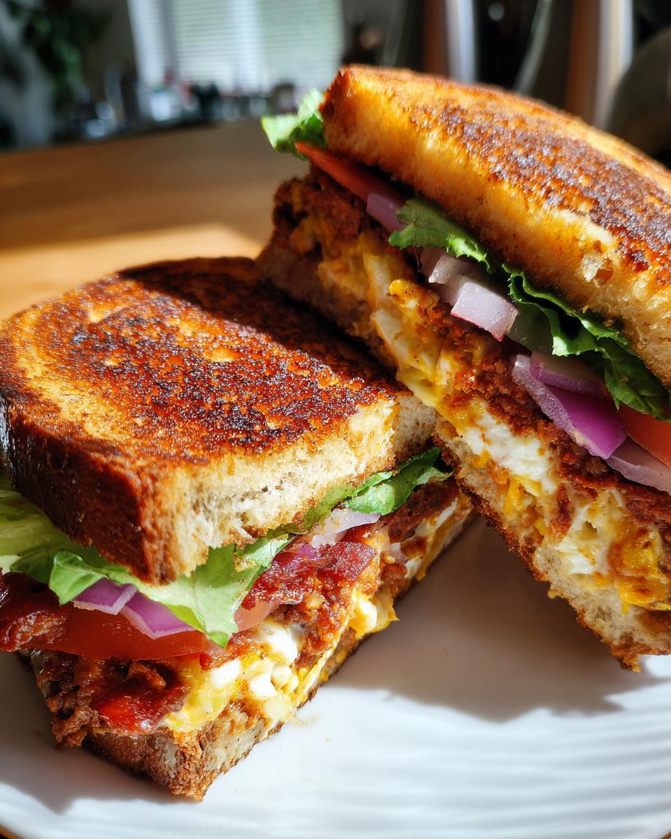 Close-up of an amazing leftover meatloaf sandwich, grilled to perfection and filled with meatloaf, cheese, lettuce, tomato, and onion.