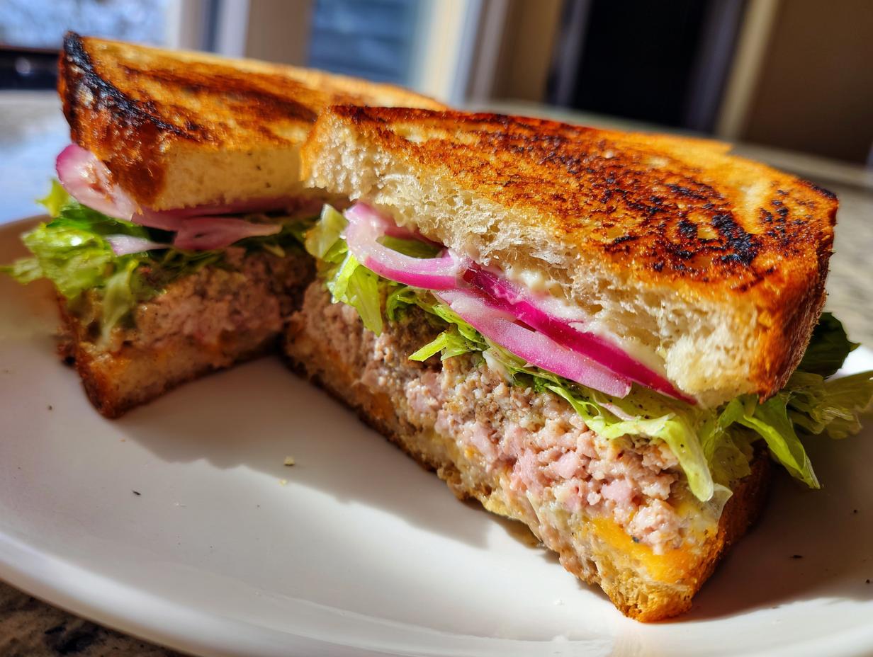 Cross-section of an amazing leftover meatloaf sandwich featuring thick meatloaf, lettuce, and pickled red onions on grilled bread.