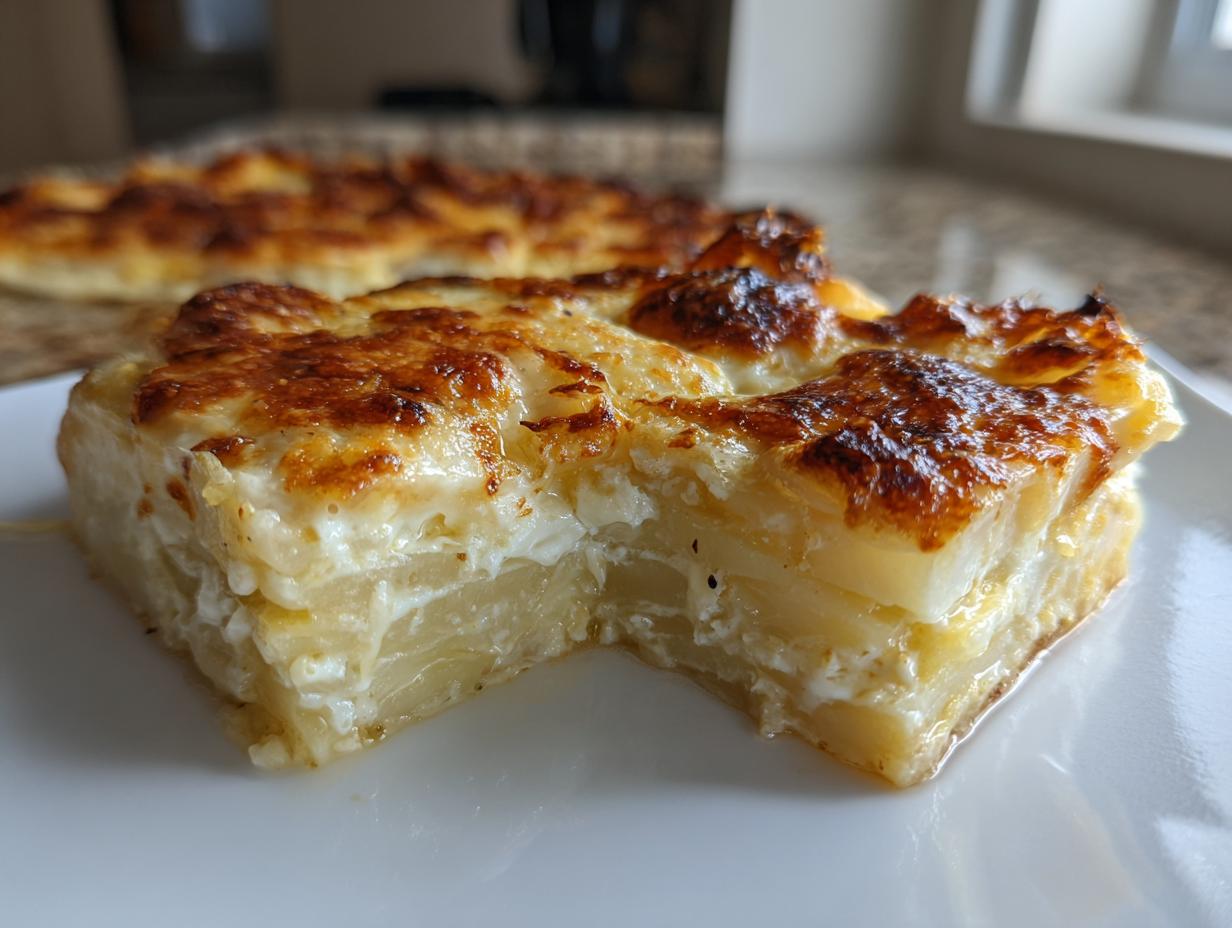 A close-up of a rich, creamy slice of scalloped potatoes with a golden-brown, cheesy top.