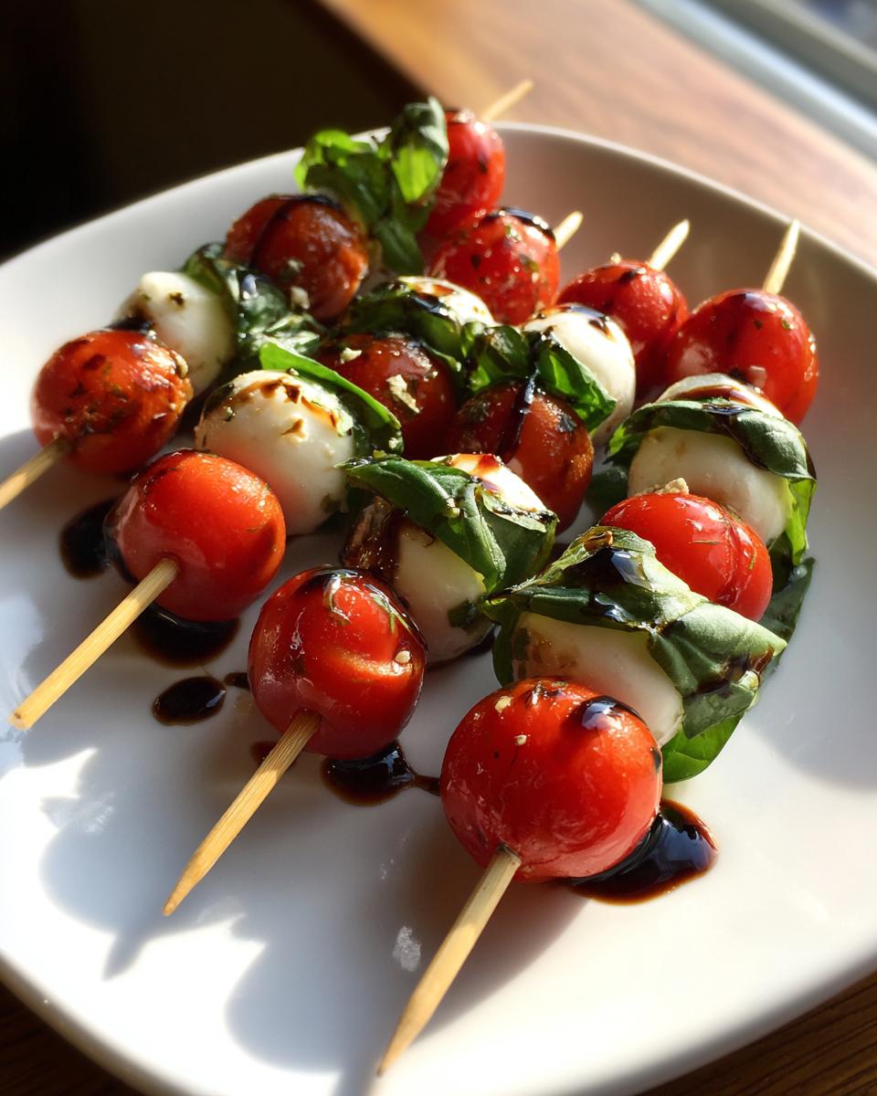 Close-up of several Caprese skewers featuring cherry tomatoes, mozzarella balls, and basil, drizzled with balsamic glaze.