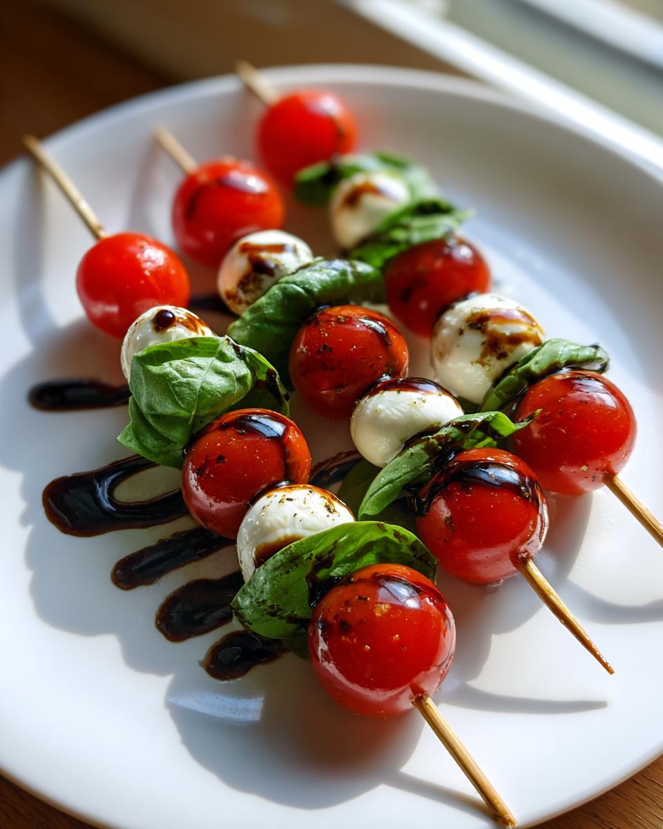 Close-up of several Caprese skewers featuring cherry tomatoes, mozzarella balls, and basil, drizzled with balsamic glaze.