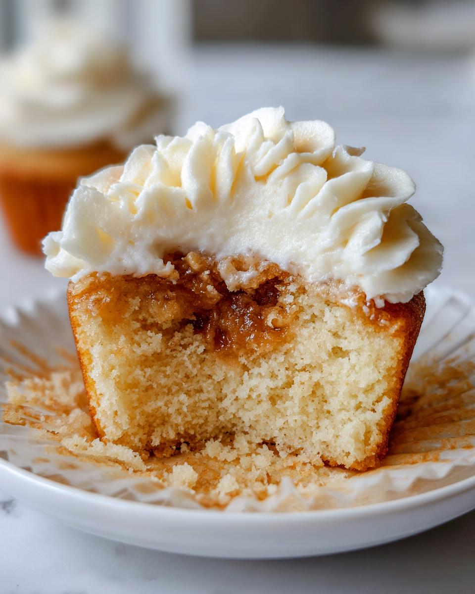 Close-up of an Apple pie cupcakes cut in half showing the cake texture, apple filling, and white frosting.