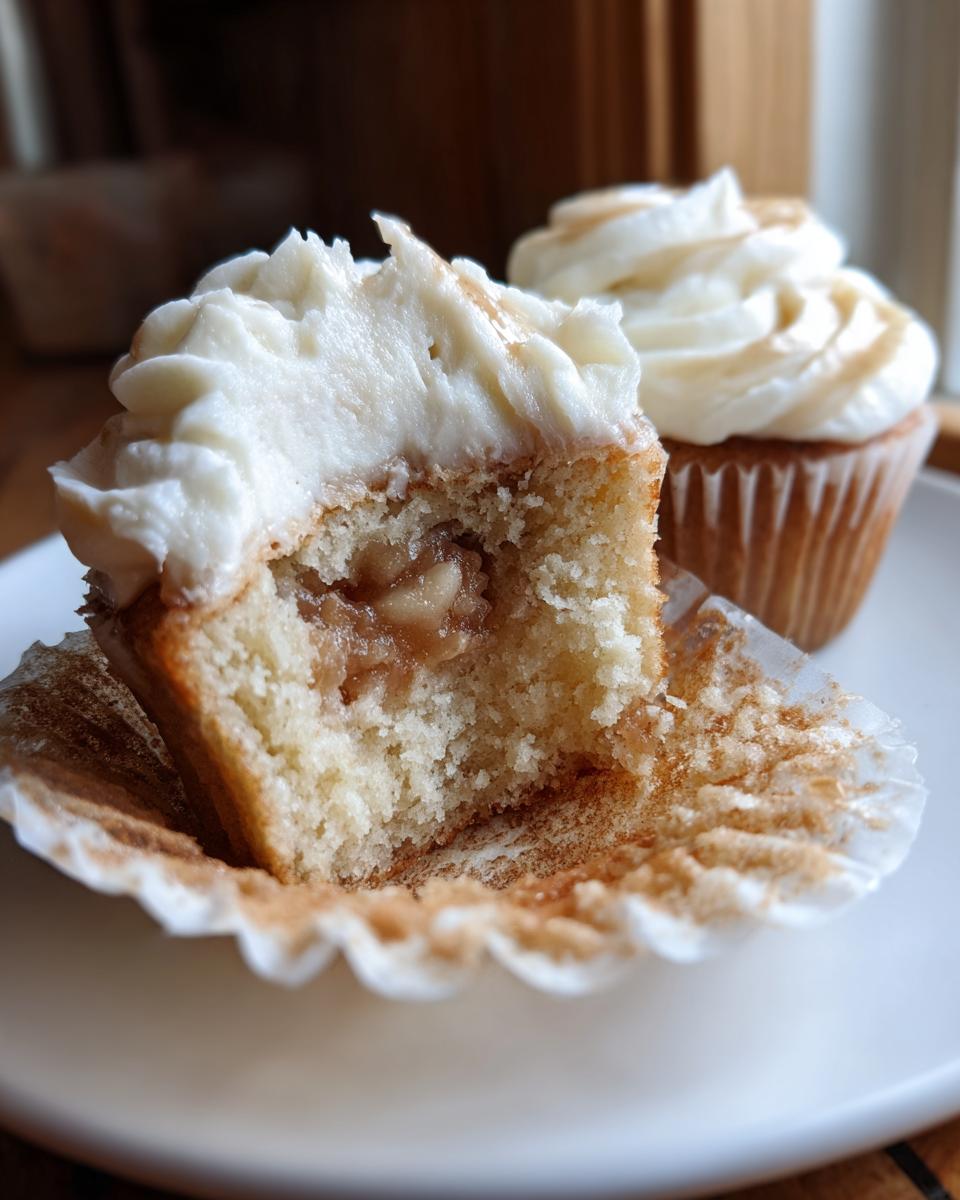 Close-up of an Apple pie cupcakes cut in half showing the apple filling, topped with white frosting and cinnamon.