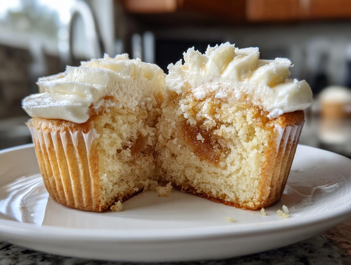 Close-up of an Apple pie cupcakes cut in half, showing the moist cake, apple filling, and white frosting.