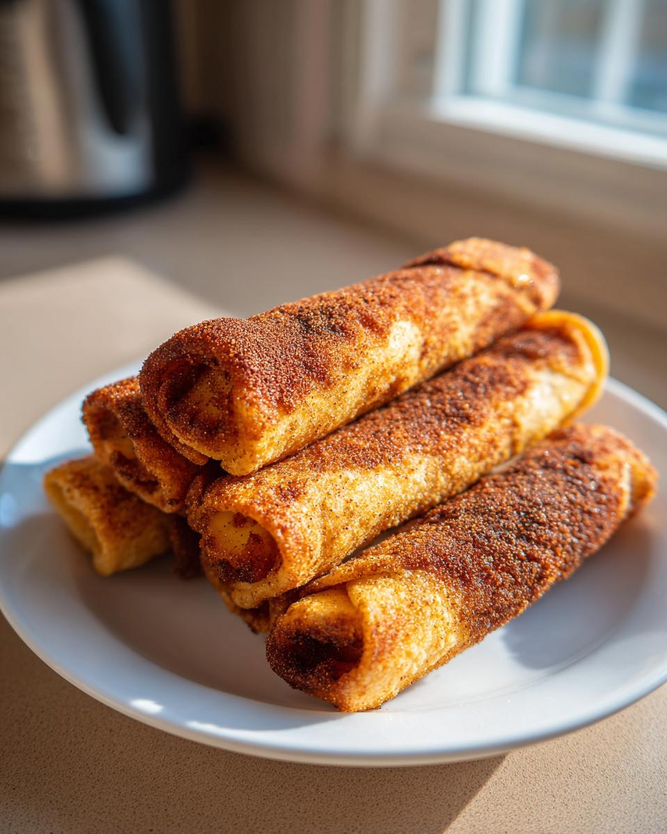 A stack of crispy, golden Apple Pie Taquitos generously coated in cinnamon sugar on a white plate.