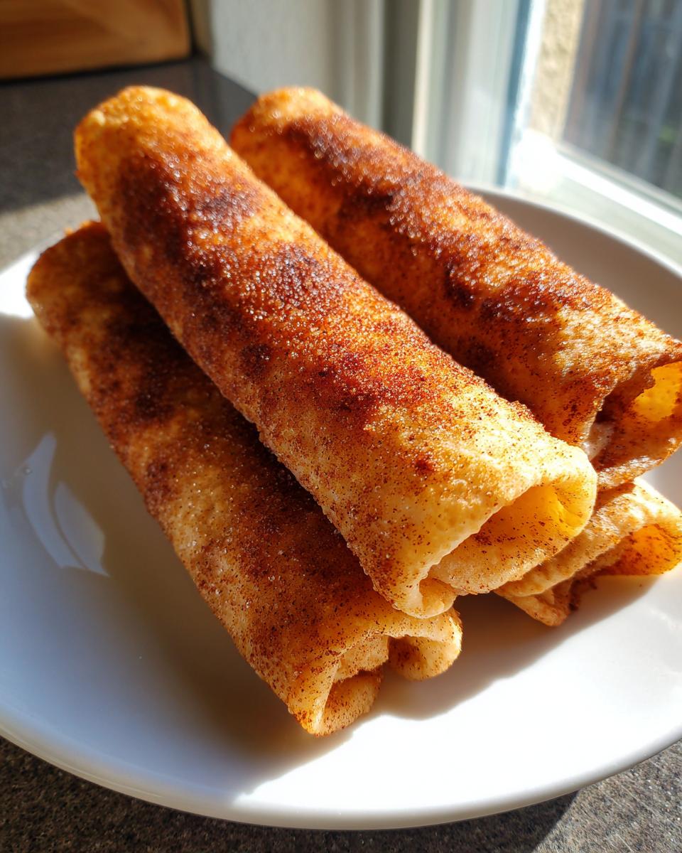 Three crispy, golden-brown apple pie taquitos dusted heavily with cinnamon sugar, resting on a white plate.