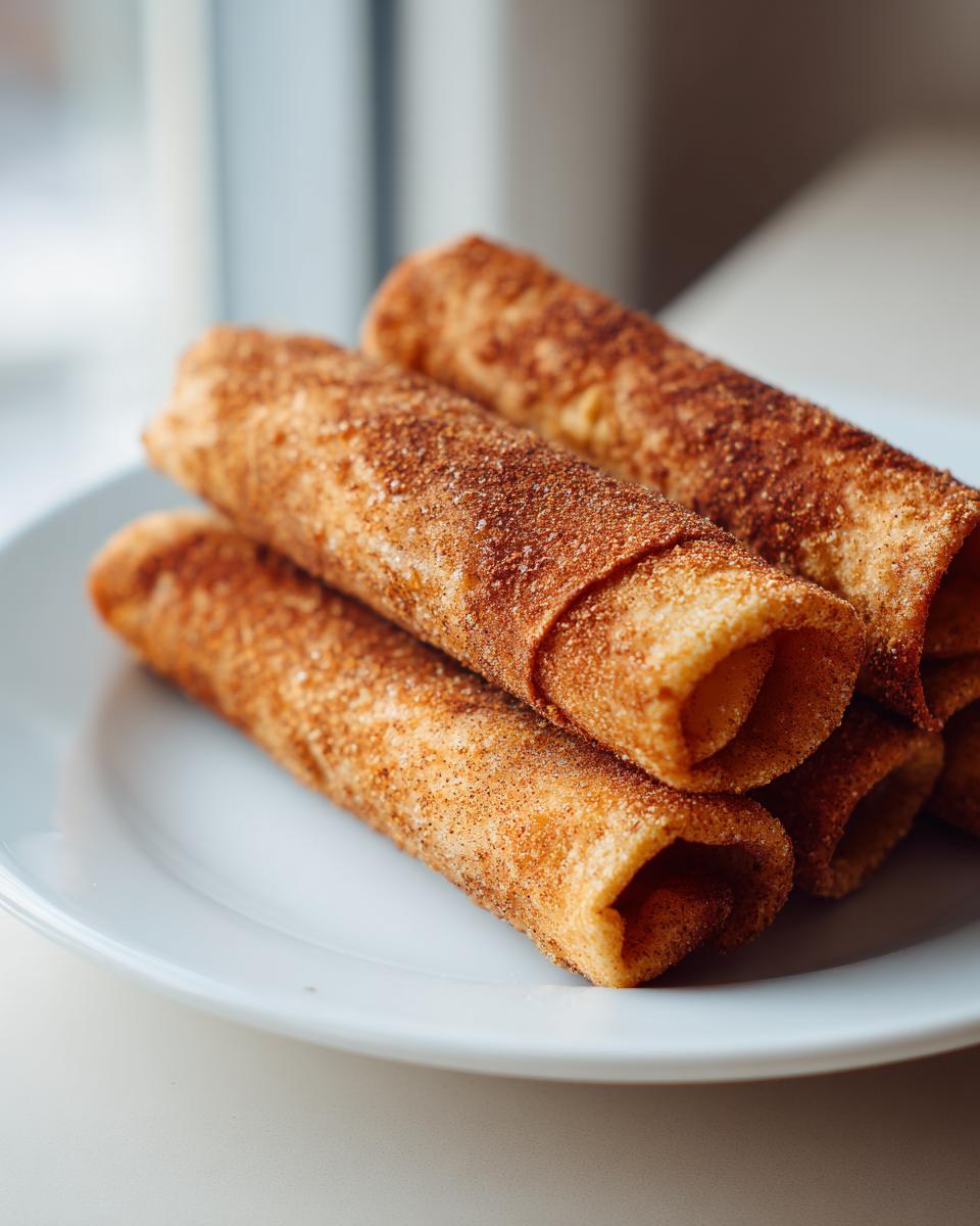 A stack of golden brown, crispy apple pie taquitos generously dusted with cinnamon sugar on a white plate.