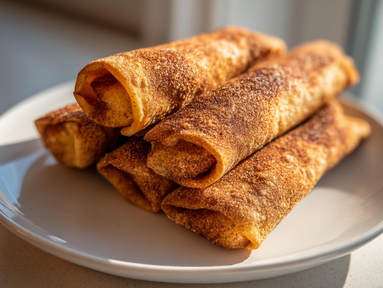 A stack of crispy, cinnamon-sugar coated Apple pie taquitos resting on a white plate in warm sunlight.