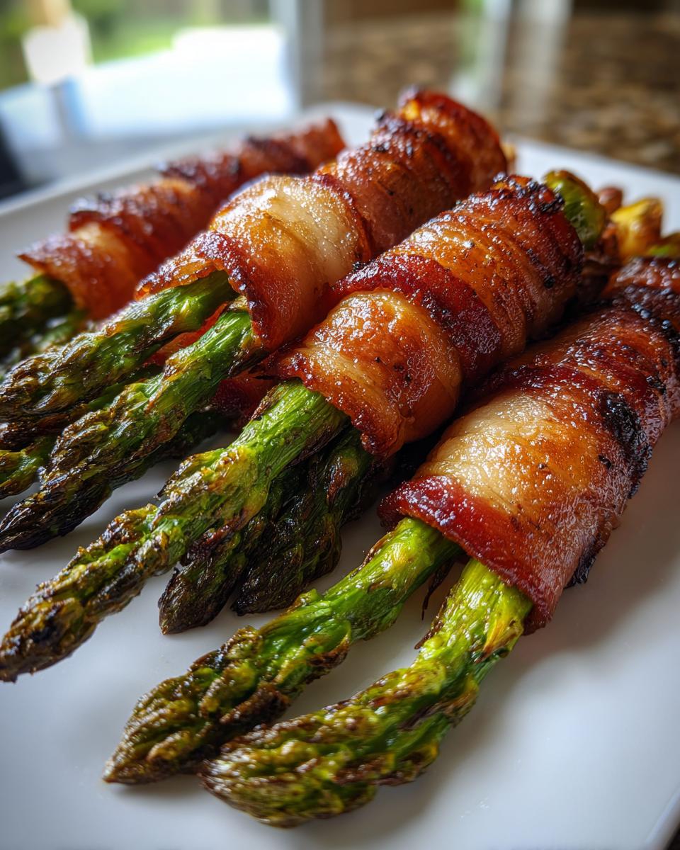 Close-up of four perfectly cooked, glossy bacon wrapped asparagus bundles resting on a white plate.
