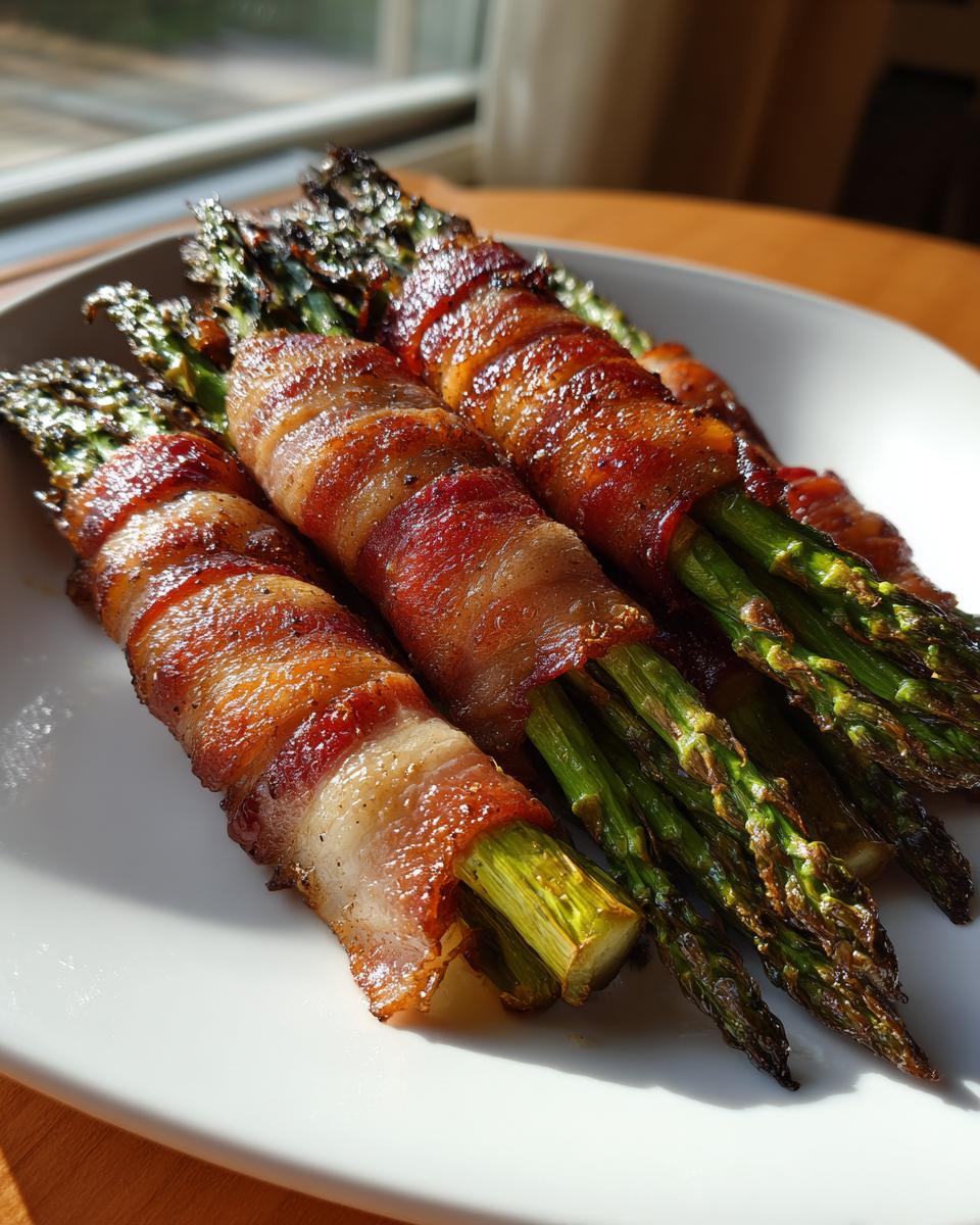 Close-up of four bundles of crispy, perfectly cooked bacon wrapped asparagus served on a white plate.