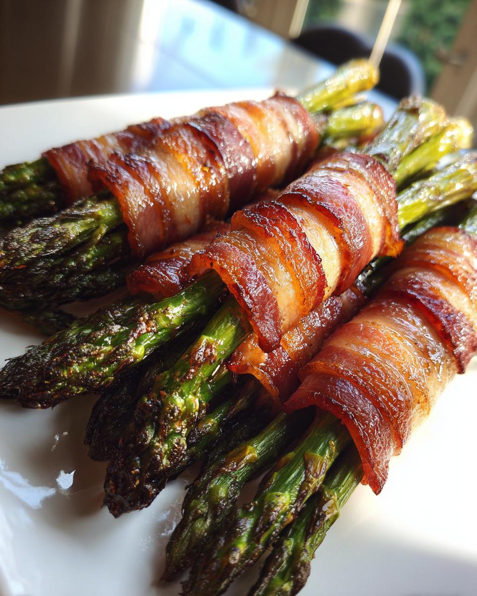 Close-up of crispy, glazed bacon wrapped asparagus bundles resting on a white plate.