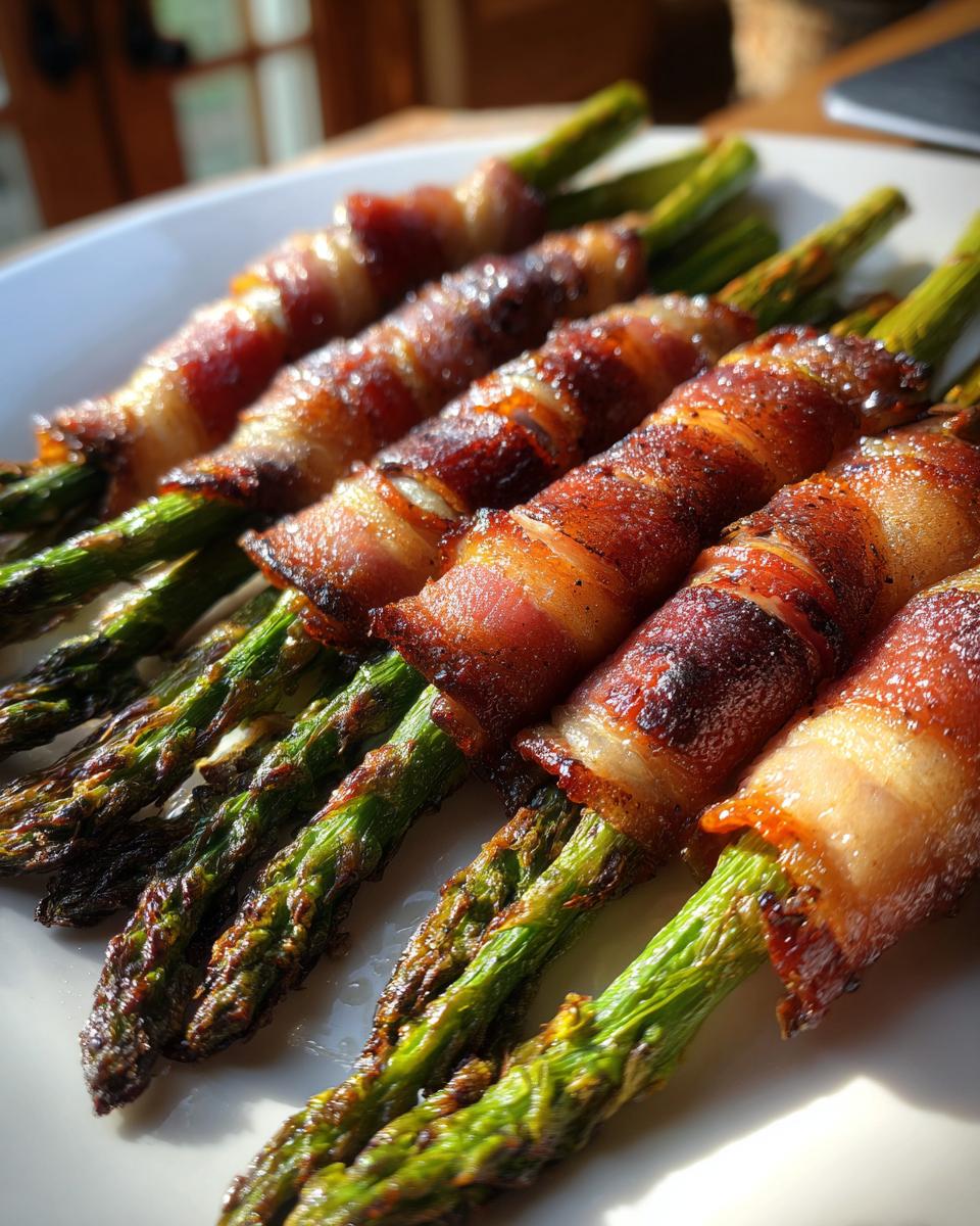 Close-up of several bundles of crispy bacon wrapped asparagus resting on a white plate.