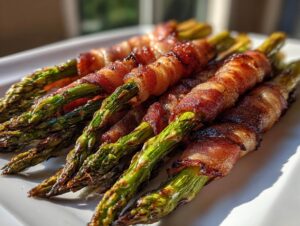Close-up of several bundles of crispy, glazed bacon wrapped asparagus spears served on a white platter.