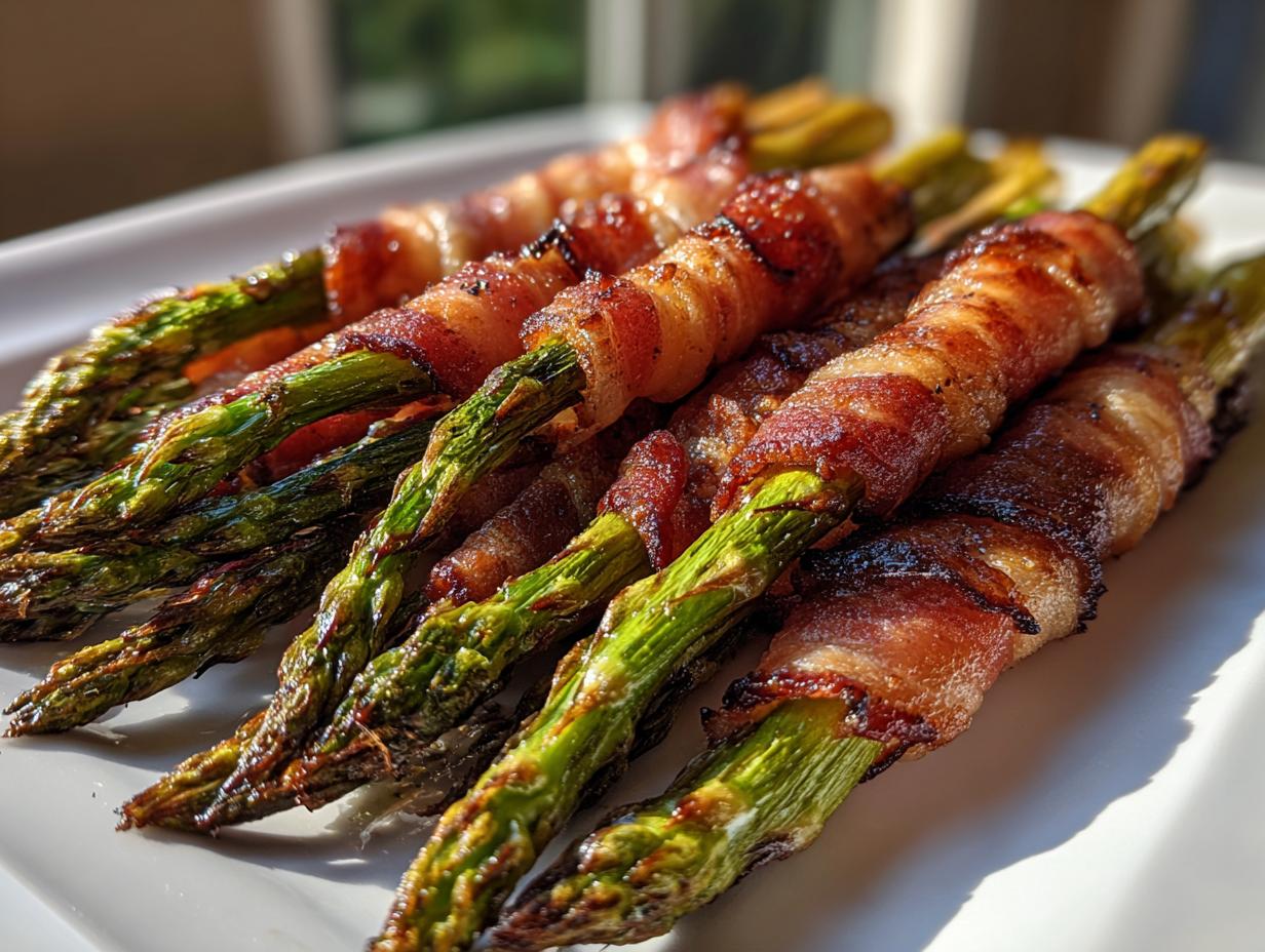 Close-up of several bundles of crispy, glazed bacon wrapped asparagus spears served on a white platter.