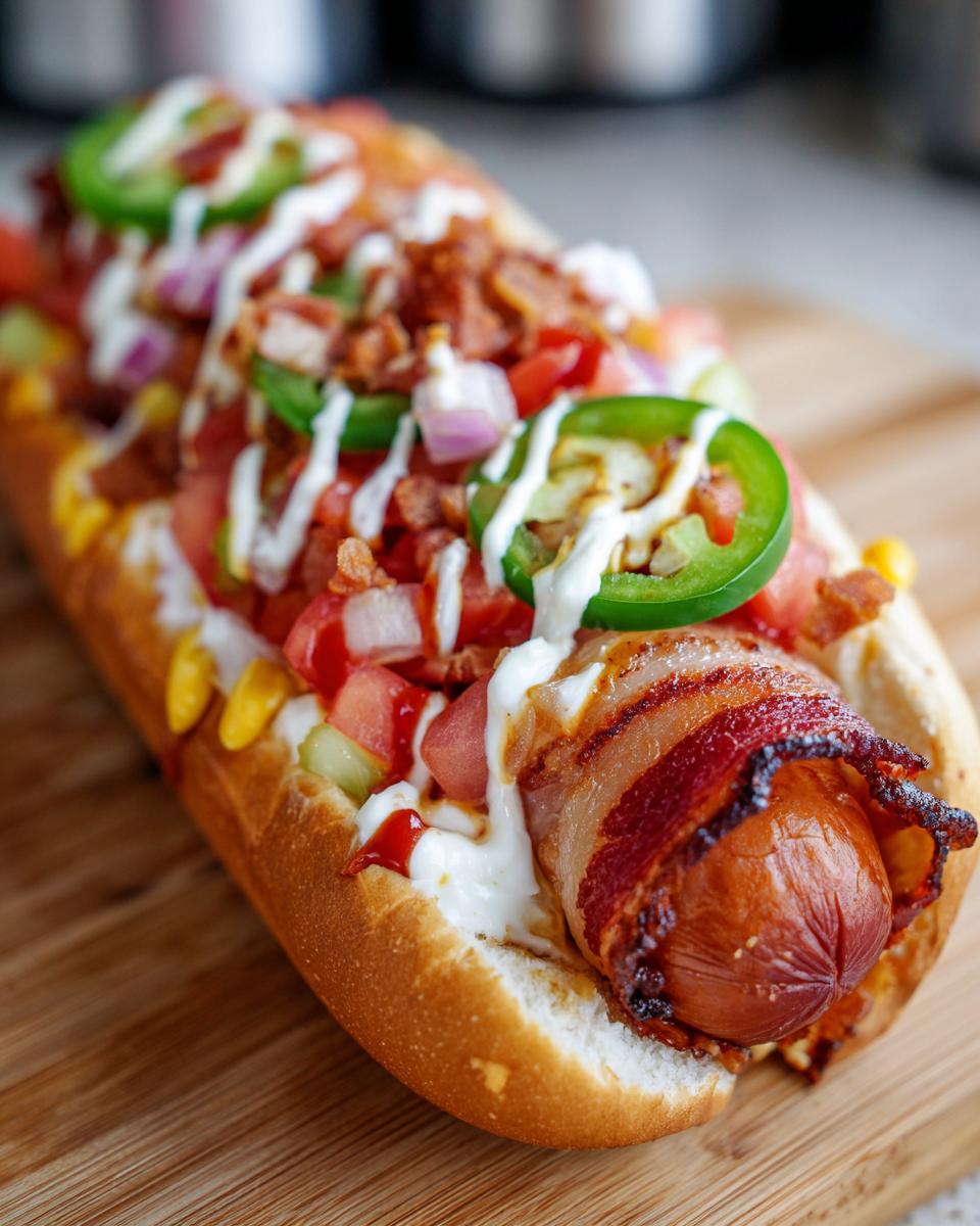 Close-up of a fully loaded, bacon-wrapped Sonoran hot dogs topped with tomatoes, onions, jalapeños, and crema.