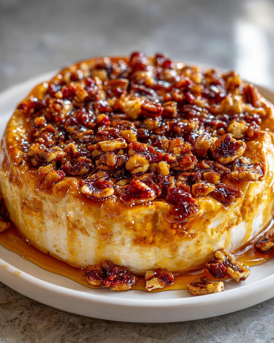 A wheel of warm baked brie with honey and pecans drizzled generously over the top, ready to serve.