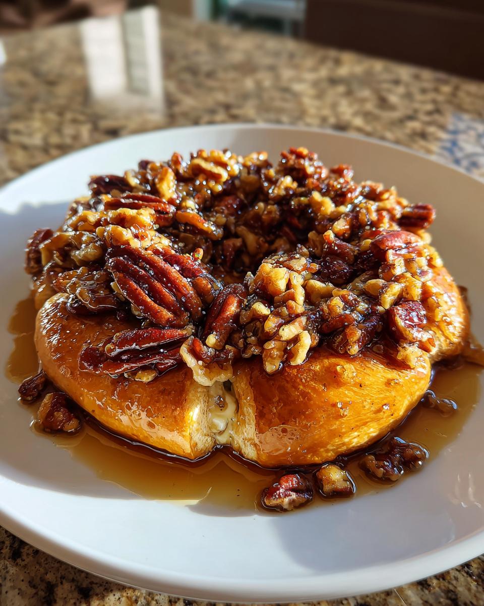 Close-up of warm baked brie with honey and pecans topping oozing onto a white plate.