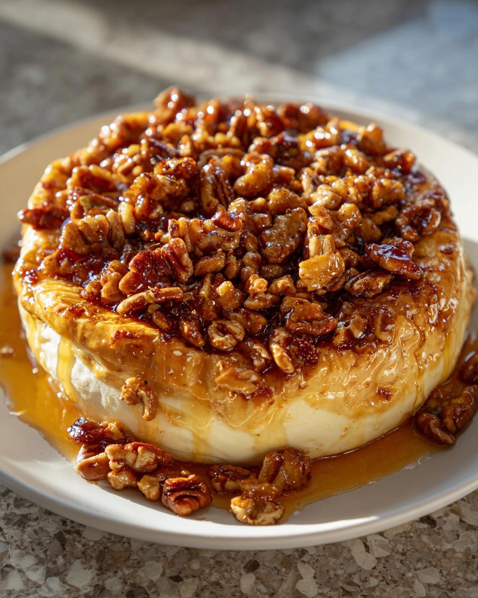 A wheel of warm, melted baked brie with honey and pecans generously spooned over the top, dripping onto the plate.