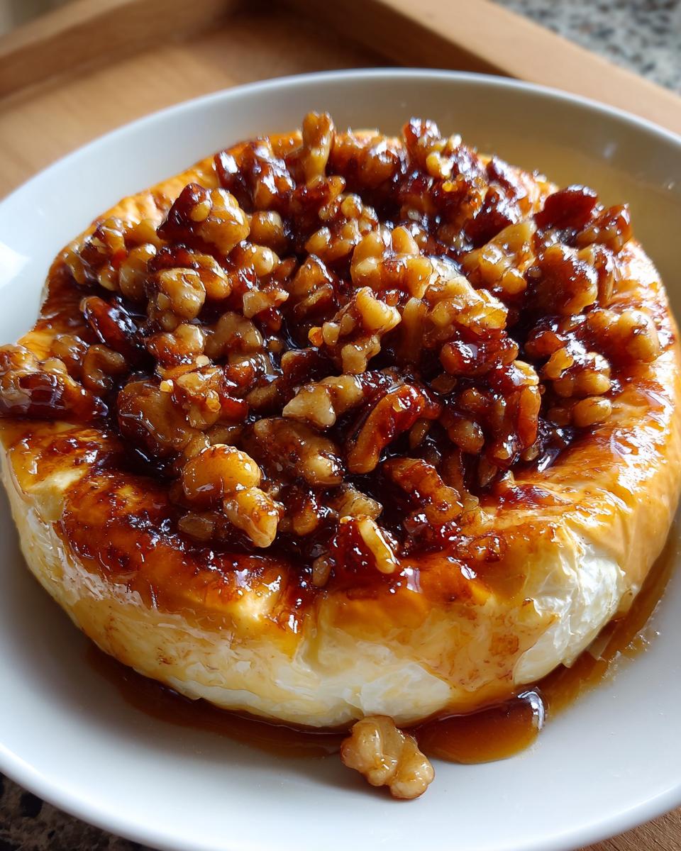 A close-up of warm, gooey baked brie with honey and pecans topping served in a white bowl.