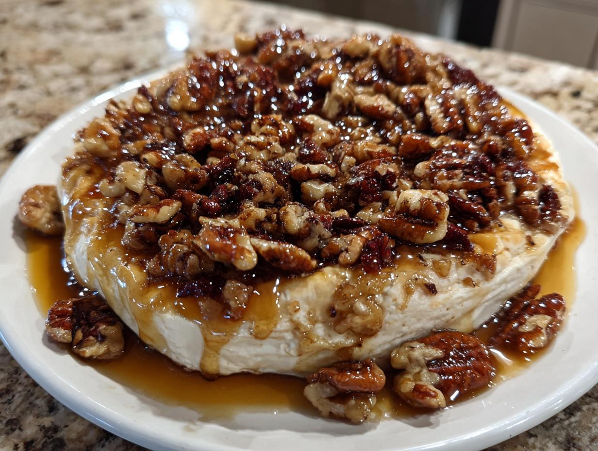 A whole wheel of baked brie with honey and pecans drizzled generously over the top, served on a white plate.
