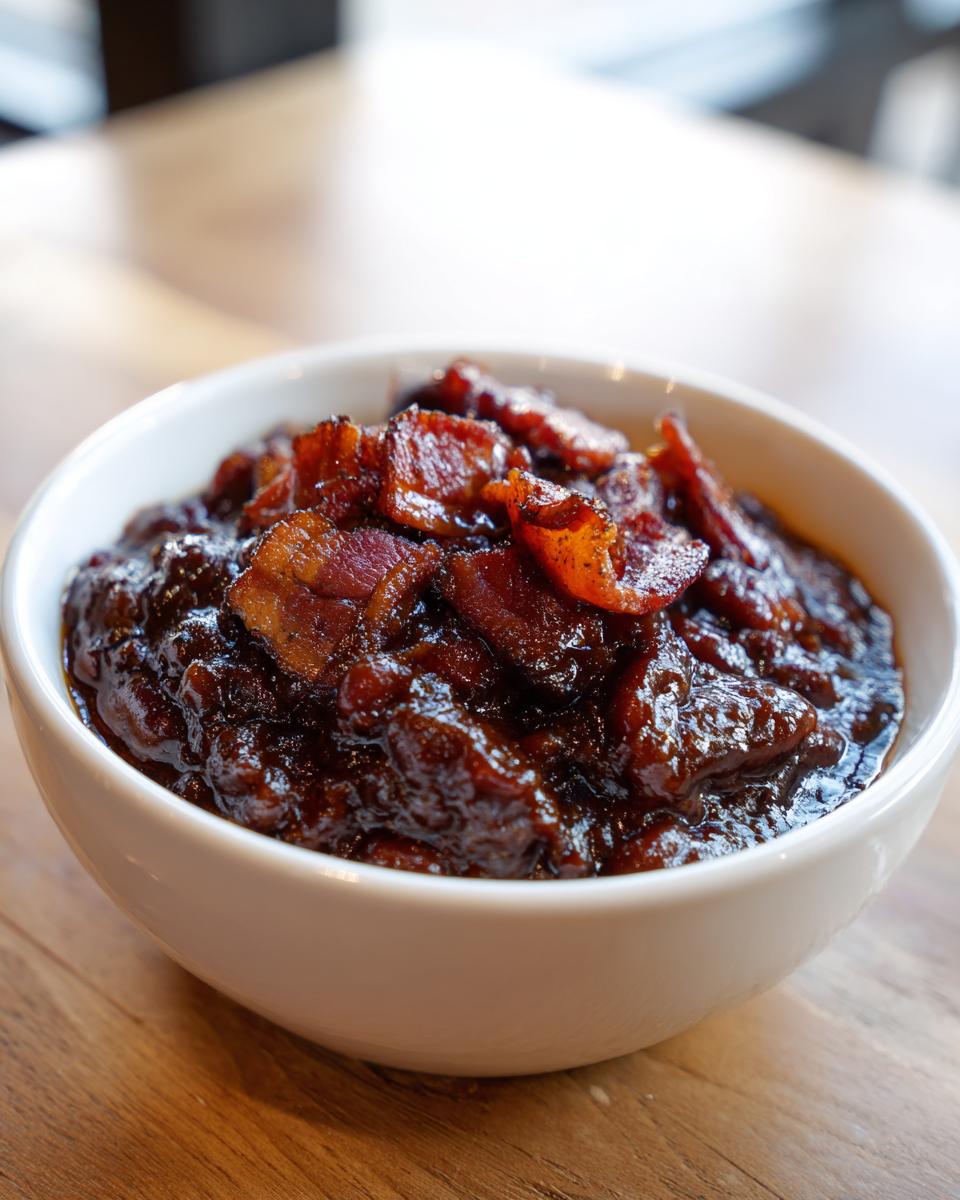 A close-up of a white bowl filled with rich, dark BBQ baked beans topped with crispy bacon pieces.