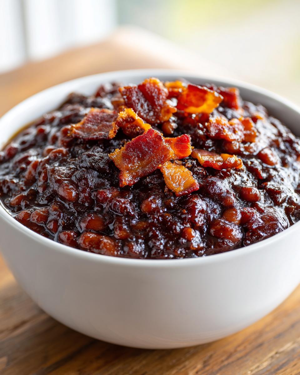 Close-up of a white bowl filled with dark, rich BBQ baked beans topped with crumbled, crispy bacon pieces.