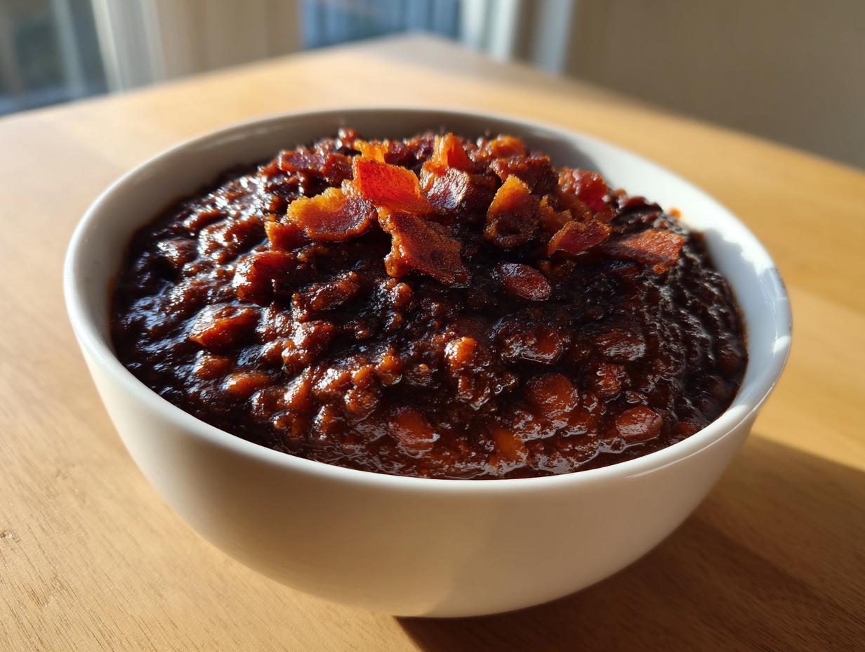 A white bowl filled with rich, dark BBQ baked beans, generously topped with crumbled bacon.