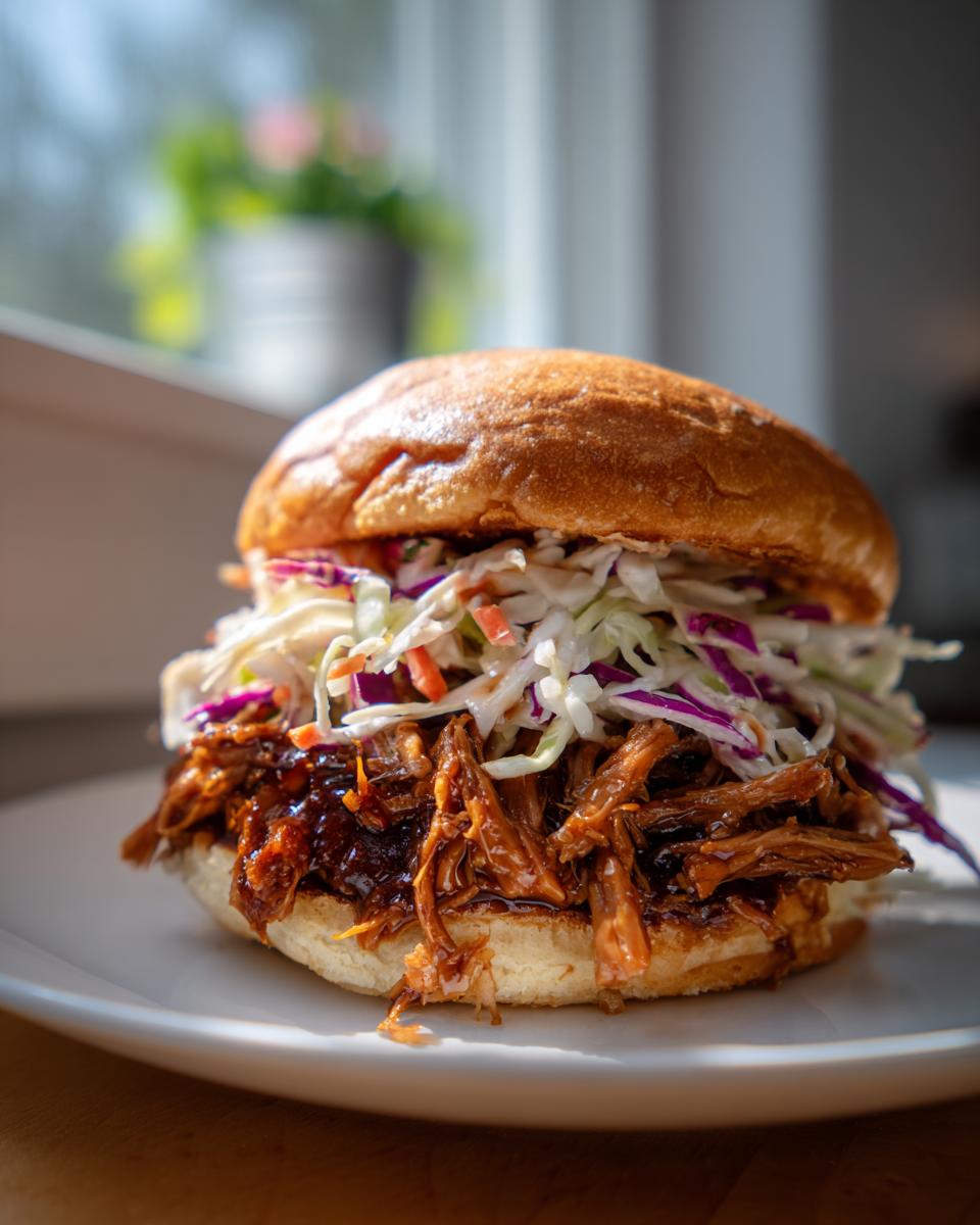 Close-up of a delicious BBQ pulled pork sandwich piled high with tangy coleslaw on a brioche bun.