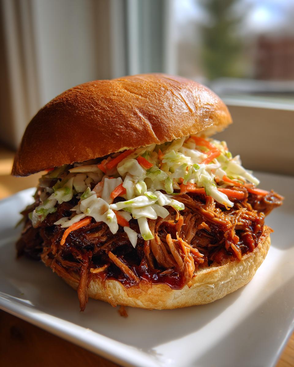 A close-up of a delicious BBQ pulled pork sandwich piled high with smoky meat and creamy coleslaw on a brioche bun.