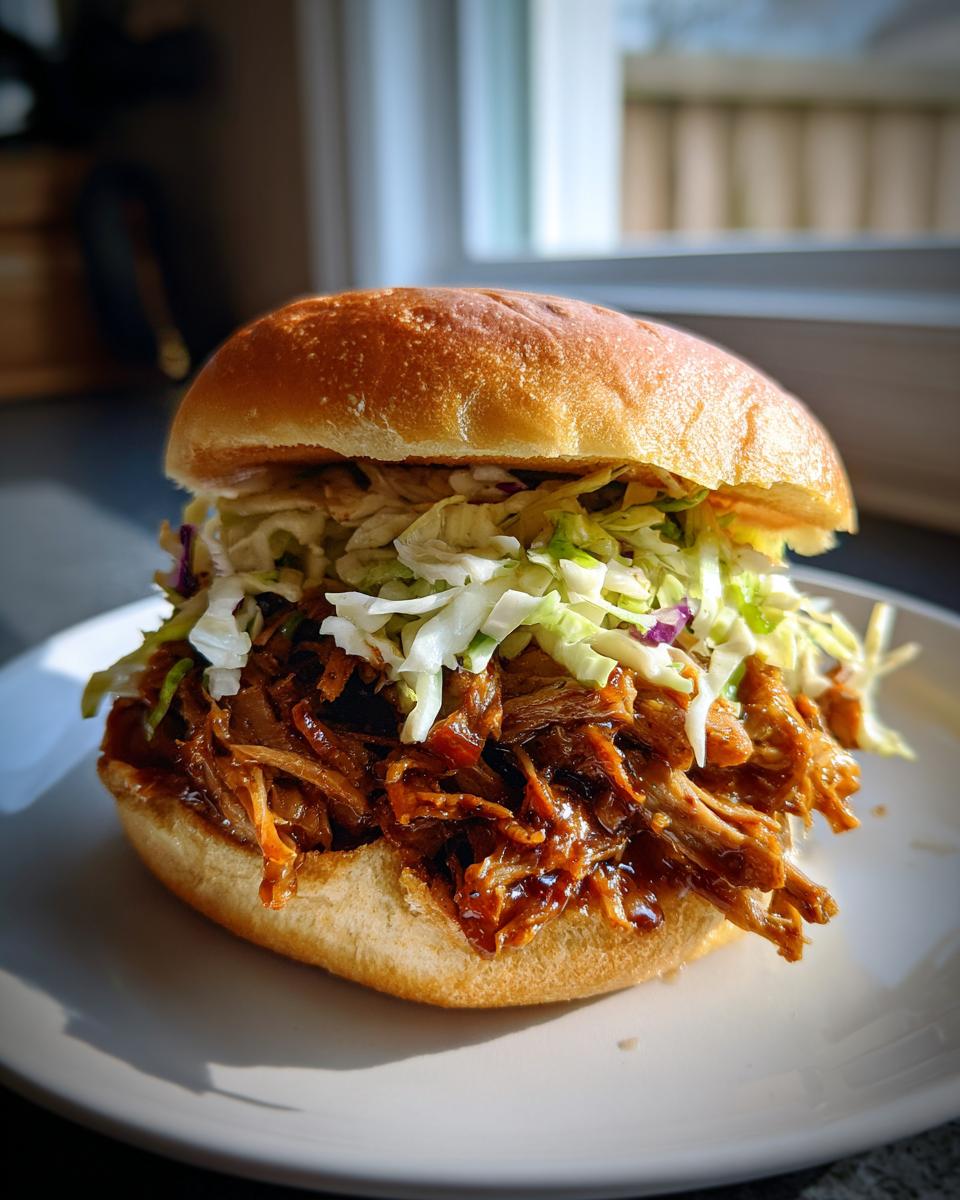 Close-up of a delicious BBQ pulled pork sandwich piled high with coleslaw on a brioche bun.