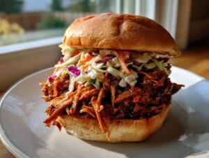 A close-up of a generously filled BBQ pulled pork sandwich topped with creamy coleslaw on a brioche bun.