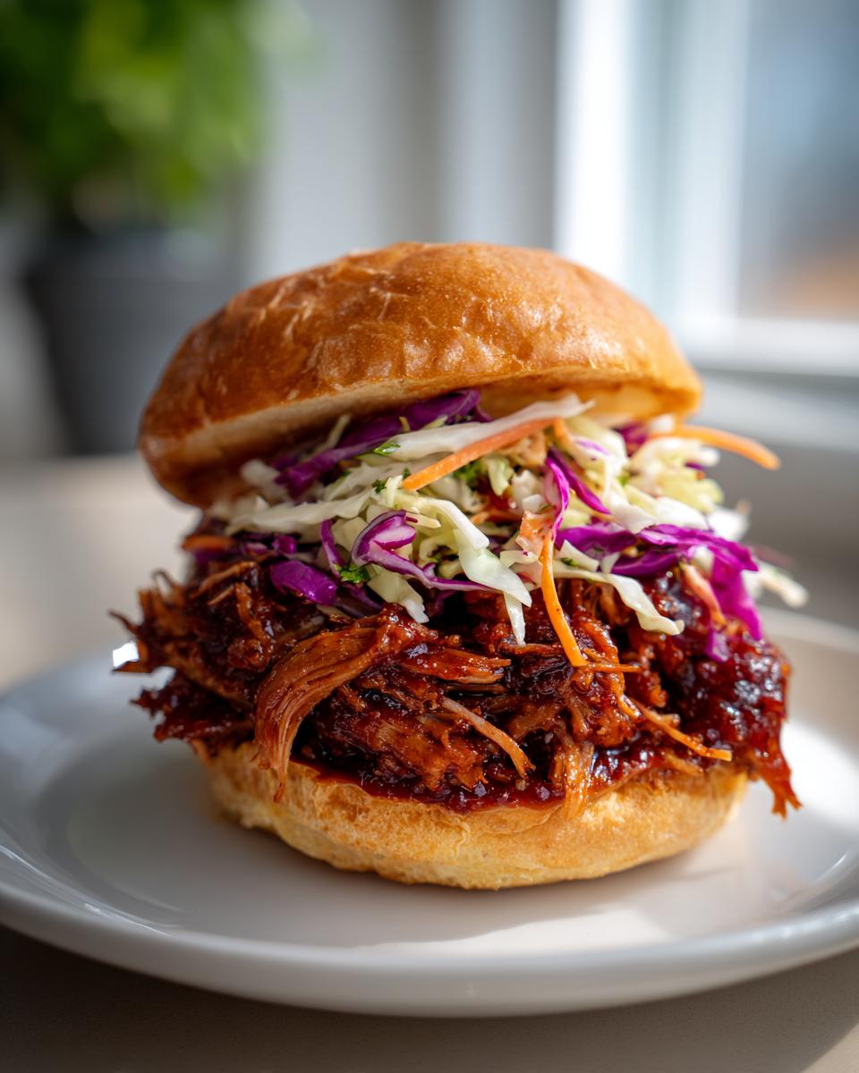 Close-up of a juicy BBQ pulled pork sandwich piled high with vibrant coleslaw on a brioche bun.