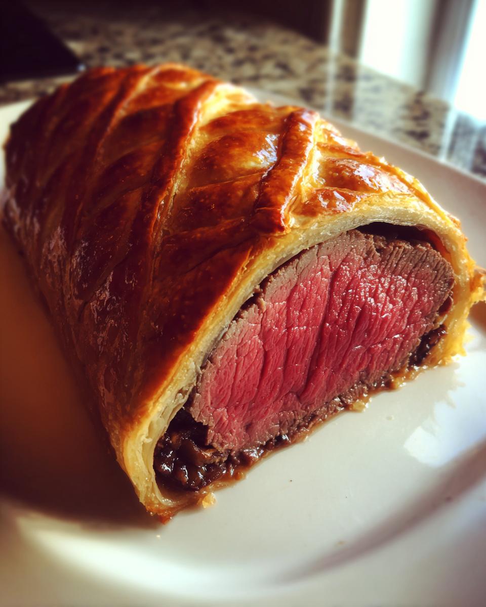 Close-up of a perfectly cooked Beef Wellington recipe showing medium-rare pink center wrapped in golden puff pastry.