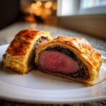 Cross-section of a perfectly cooked Beef Wellington recipe showing medium-rare beef tenderloin wrapped in duxelles and golden puff pastry.
