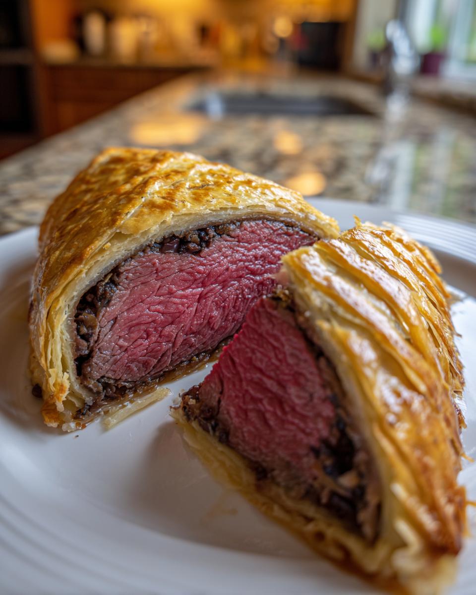 Cross-section view of a perfectly cooked Beef Wellington recipe showing medium-rare center and flaky pastry.