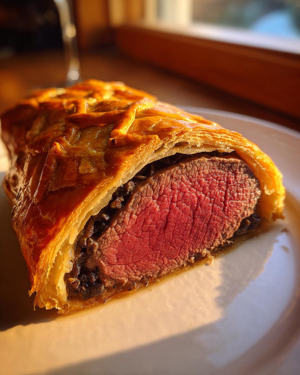 A close-up slice of Beef Wellington showing medium-rare beef tenderloin wrapped in golden, flaky pastry and duxelles.