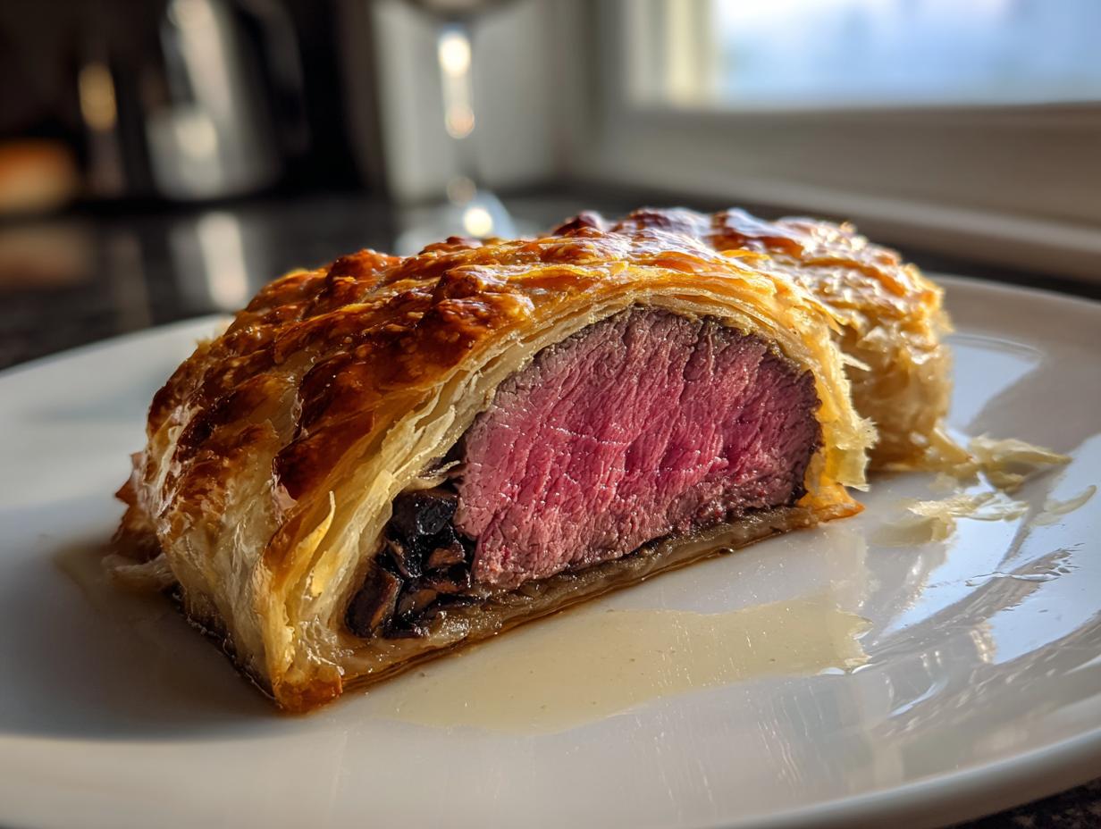 A cross-section slice of Beef Wellington showing a medium-rare center and flaky golden pastry.