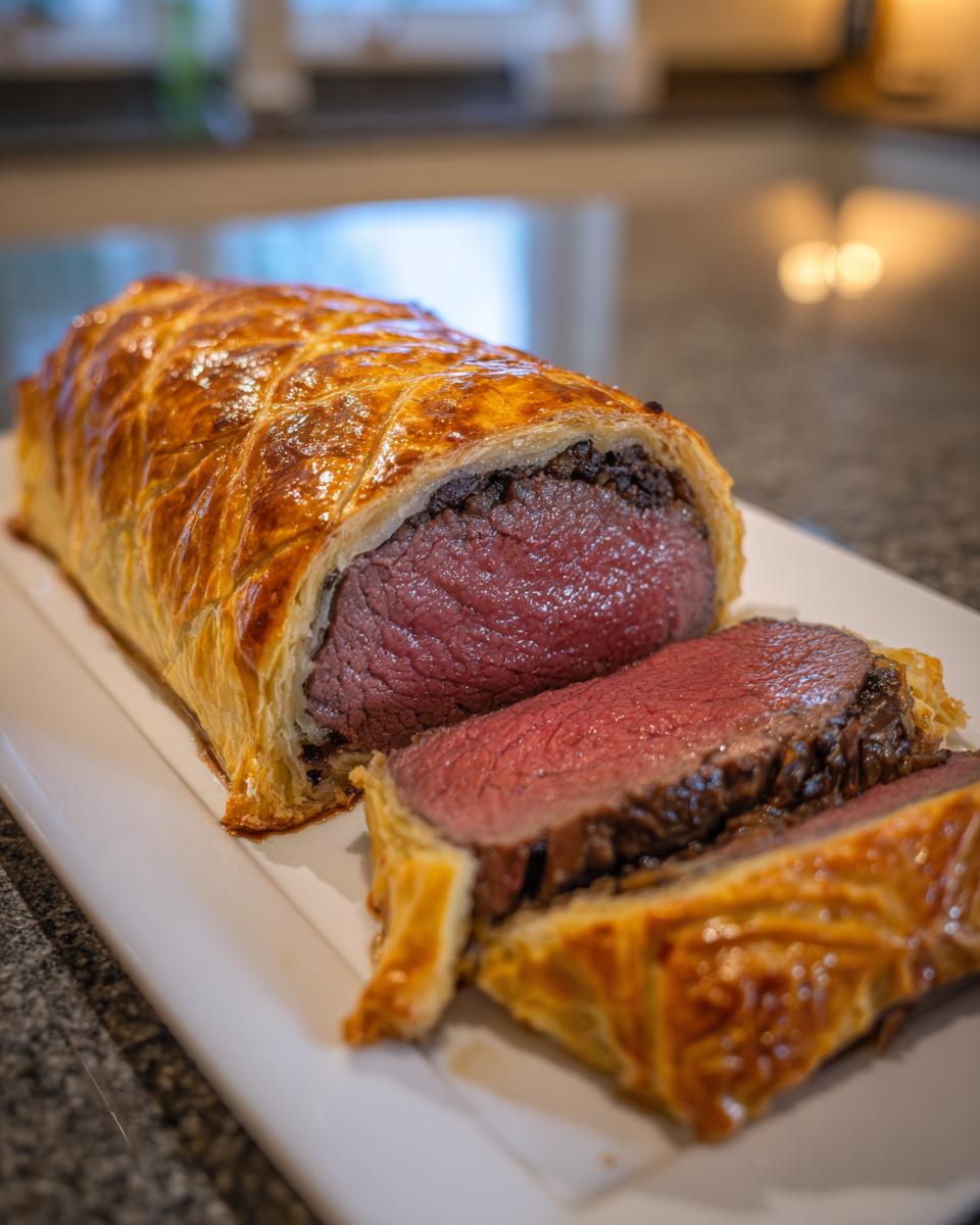 A perfectly cooked Beef Wellington recipe, sliced to show the medium-rare center and golden puff pastry.