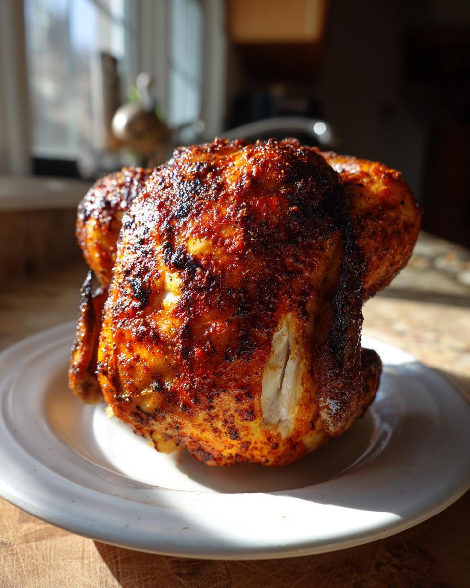 A whole, perfectly cooked Beer Can Chicken with deeply seasoned, crispy, reddish-brown skin, resting on a white plate.