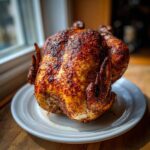 A whole, perfectly roasted Beer Can Chicken with deeply browned, crispy, seasoned skin resting on a white plate.