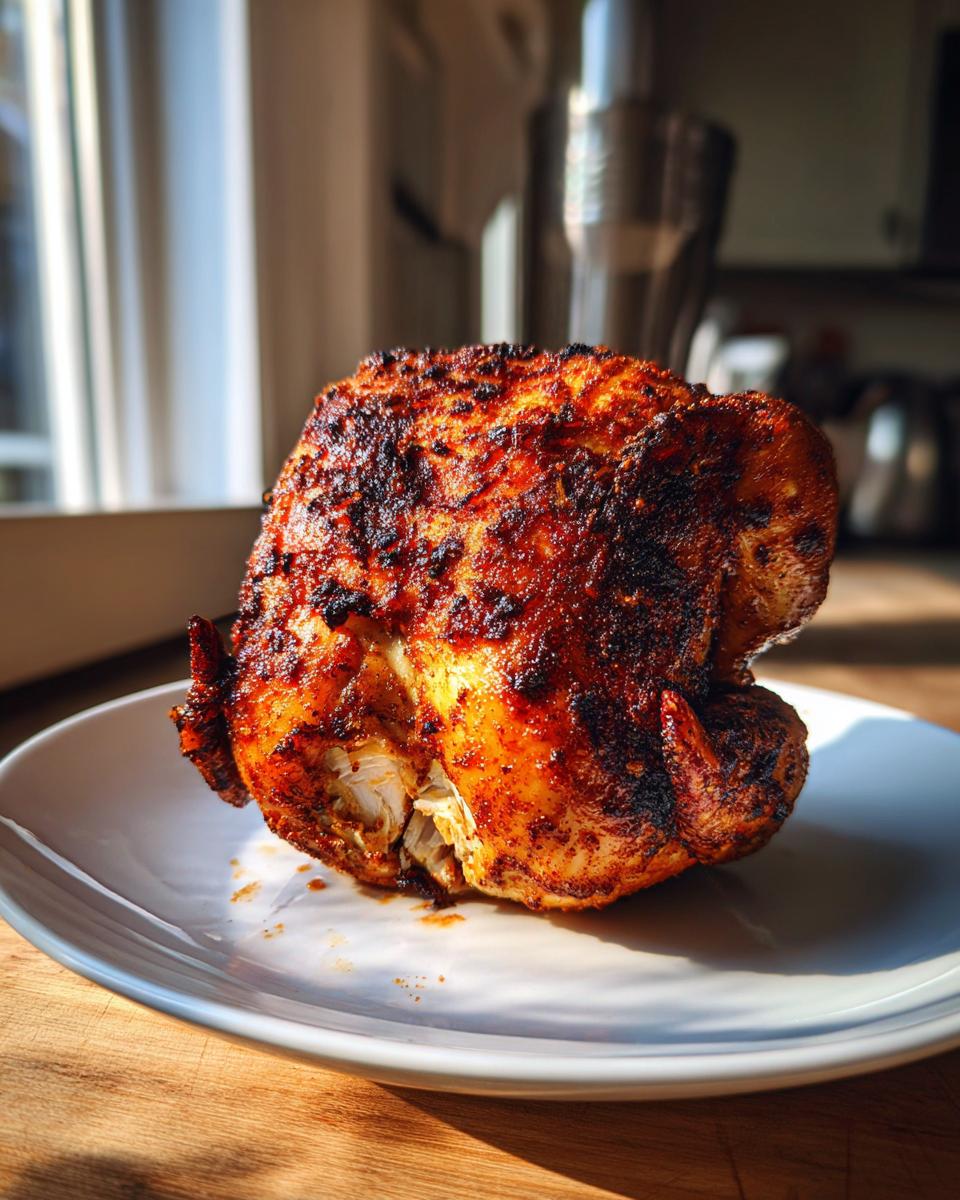 A beautifully seasoned and roasted whole Beer Can Chicken resting on a white plate, showing crispy, dark skin.