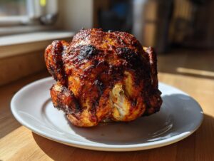 A whole, beautifully roasted Beer Can Chicken with dark, crispy, seasoned skin resting on a white plate.